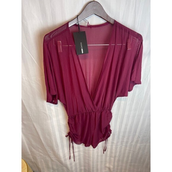 Versatile  Burgundy Beach Mesh Cover Up Ruched Short Romper Size S RefM021 - Picture 8 of 9